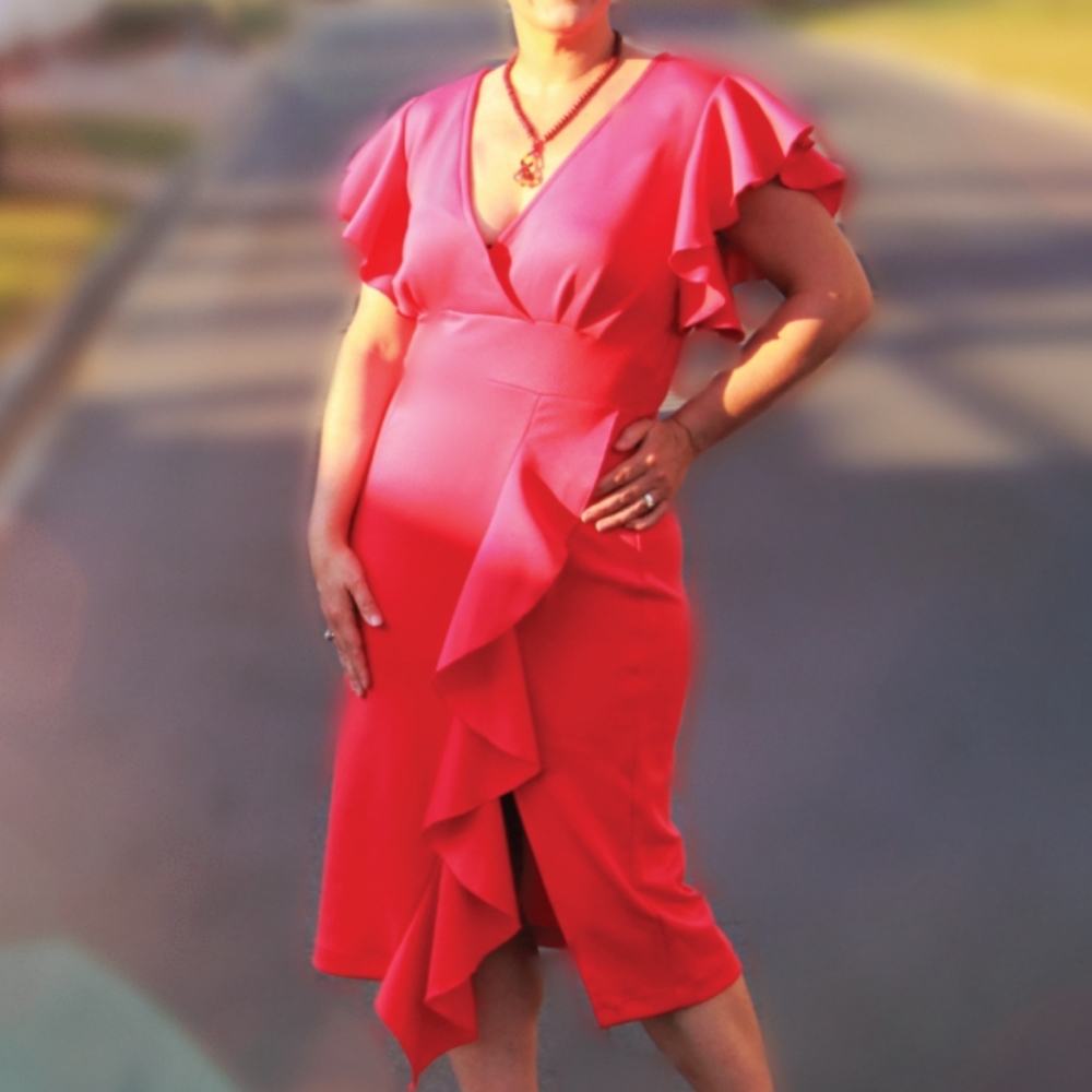 Knitee Red Flutter Sleeve Front Ruffle Dress. - image 1